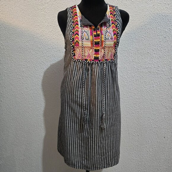 Entro Womens Sleeveless Striped Embroidered Tunic Dress S 100% Cotton Multicolor - Picture 4 of 7